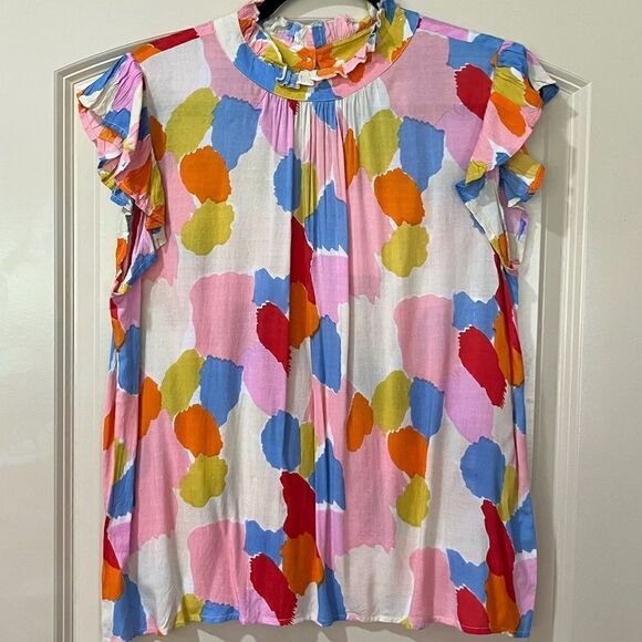 NWT ANTHROPOLOGIE THML Short Sleeve Print Blouse White Pink Blue Women’s Medium - Picture 1 of 6